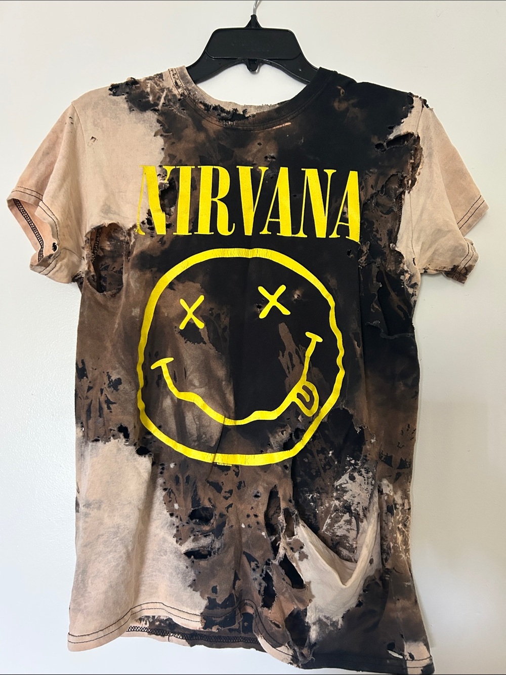 NIRVANA Black & Tan Distressed Graphic Kids Tee with Yellow Logo